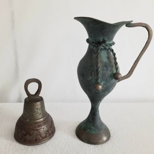 Patina Brass Water Pitcher 6.5" and Bell 3" Metal Collectables Vintage